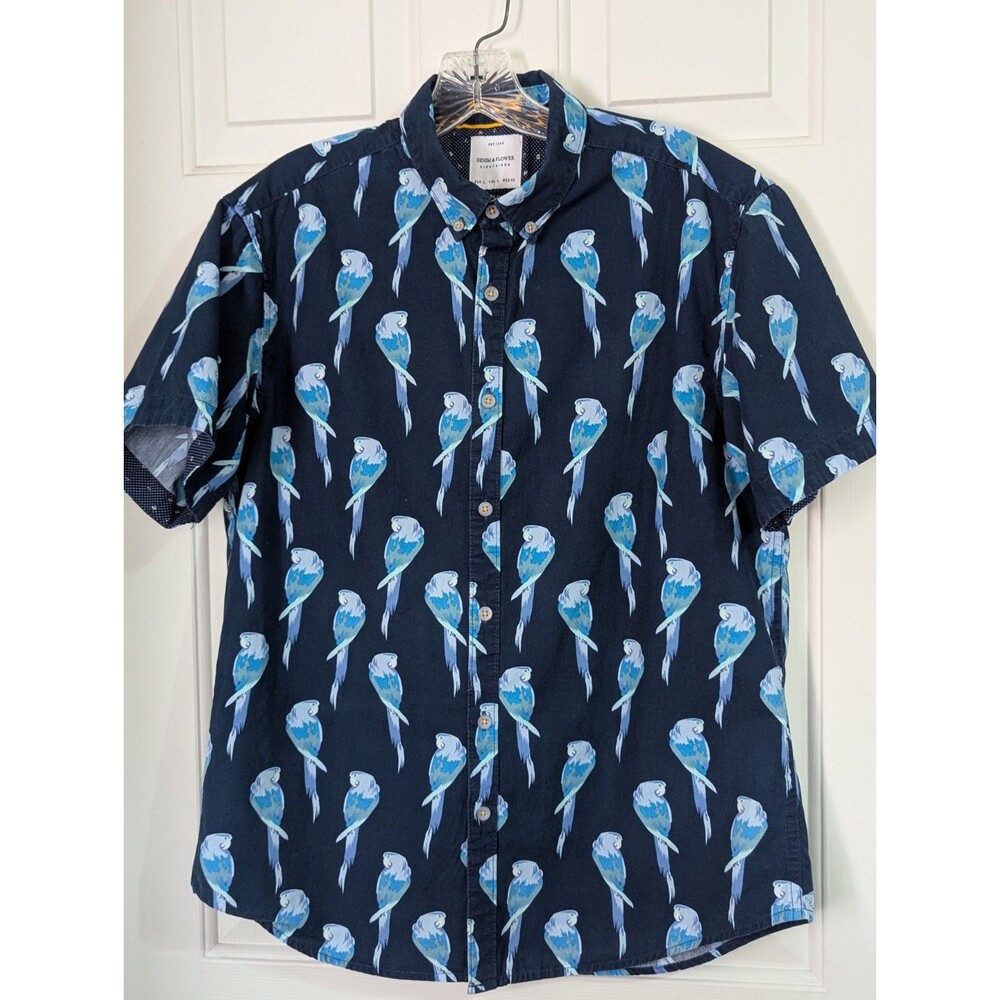 Denim & Flower Ricky Singh Shirt Mens Large Slim Fit Hawaiian Navy Parrot Cotton